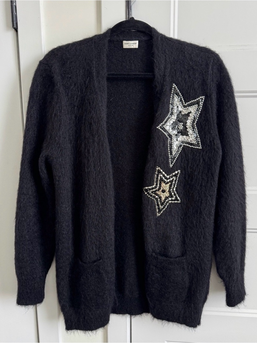 Saint Laurent Sequin Star Embellished Mohair Cardigan Sweater ~ Made in Italy